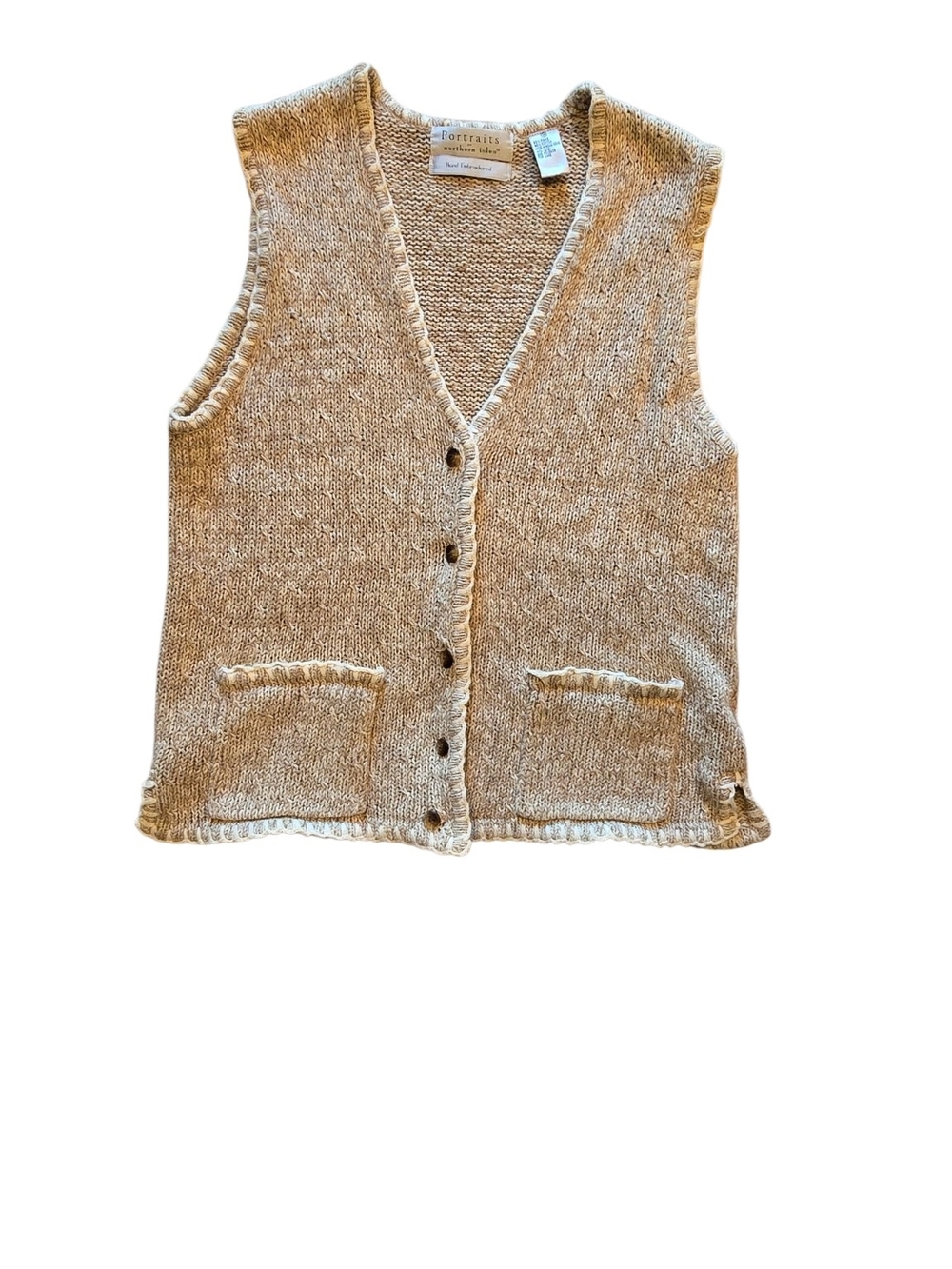 Vintage Portraits by Northern Isles Hand Embroidered Knit Sweater Vest Beige